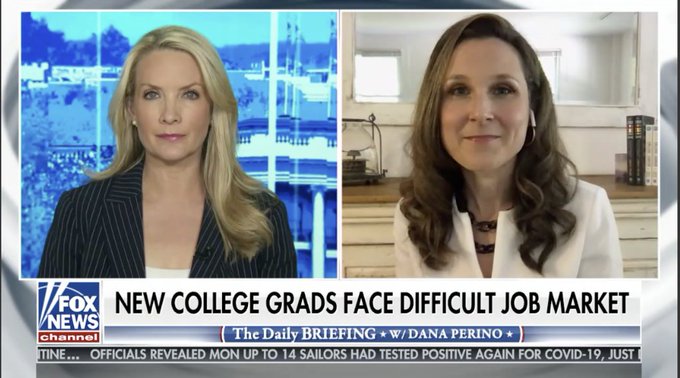 Fox News broadcast with anchor on left and Lindsey Pollak on right with headline reading New college grads face difficult job market