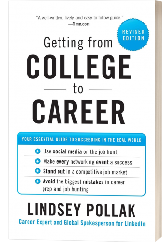 Cover of the book Getting from College to Career by Lindsey Pollak. White book with black text and blue details
