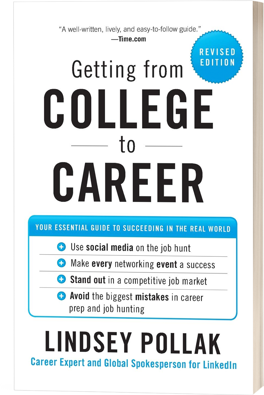 Cover of the book Getting from College to Career by Lindsey Pollak. White book with black text and blue details